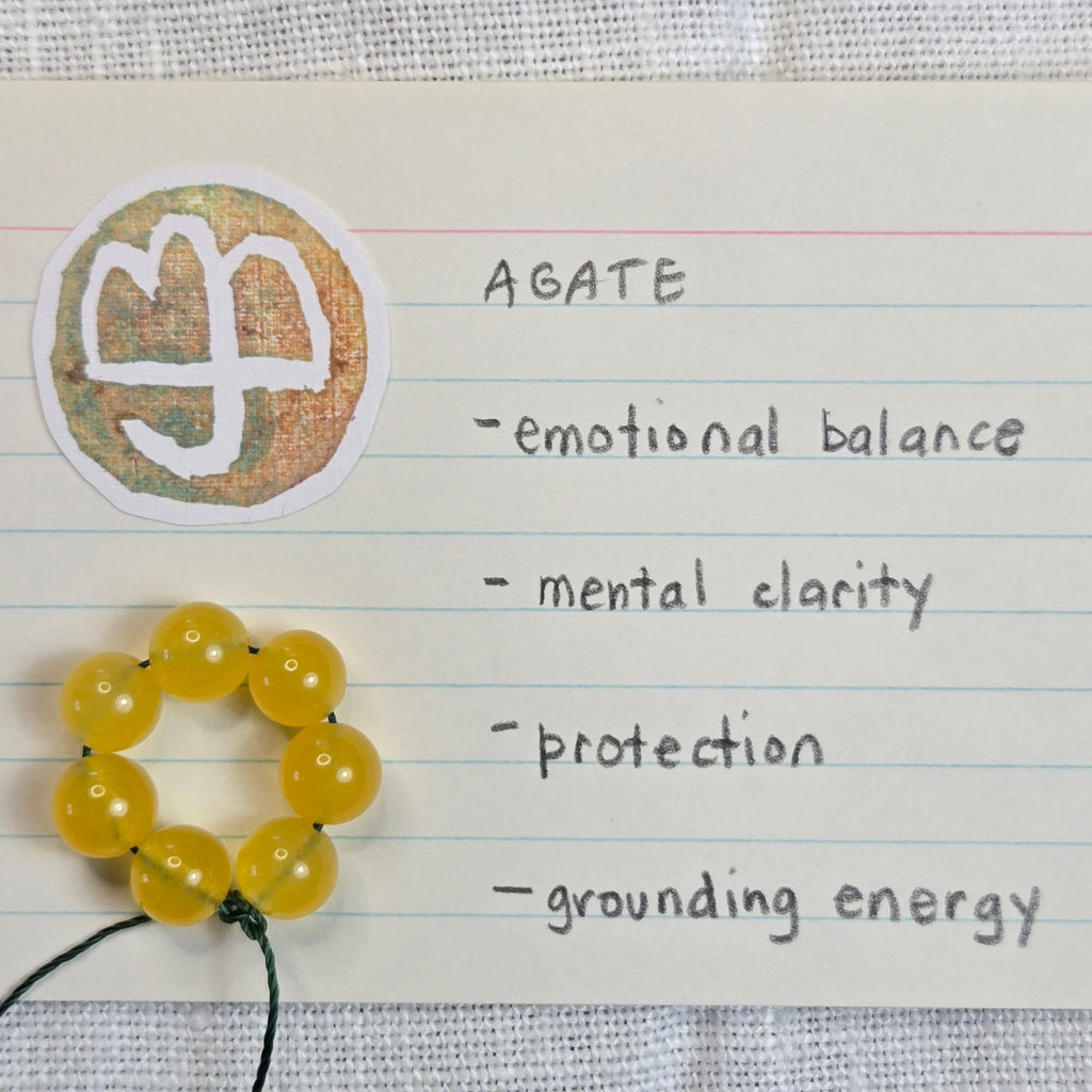 A yellow agate bead bracelet with a black cord lies on a piece of lined notebook paper next to a circular agate crystal cluster and handwritten notes listing benefits of agate.