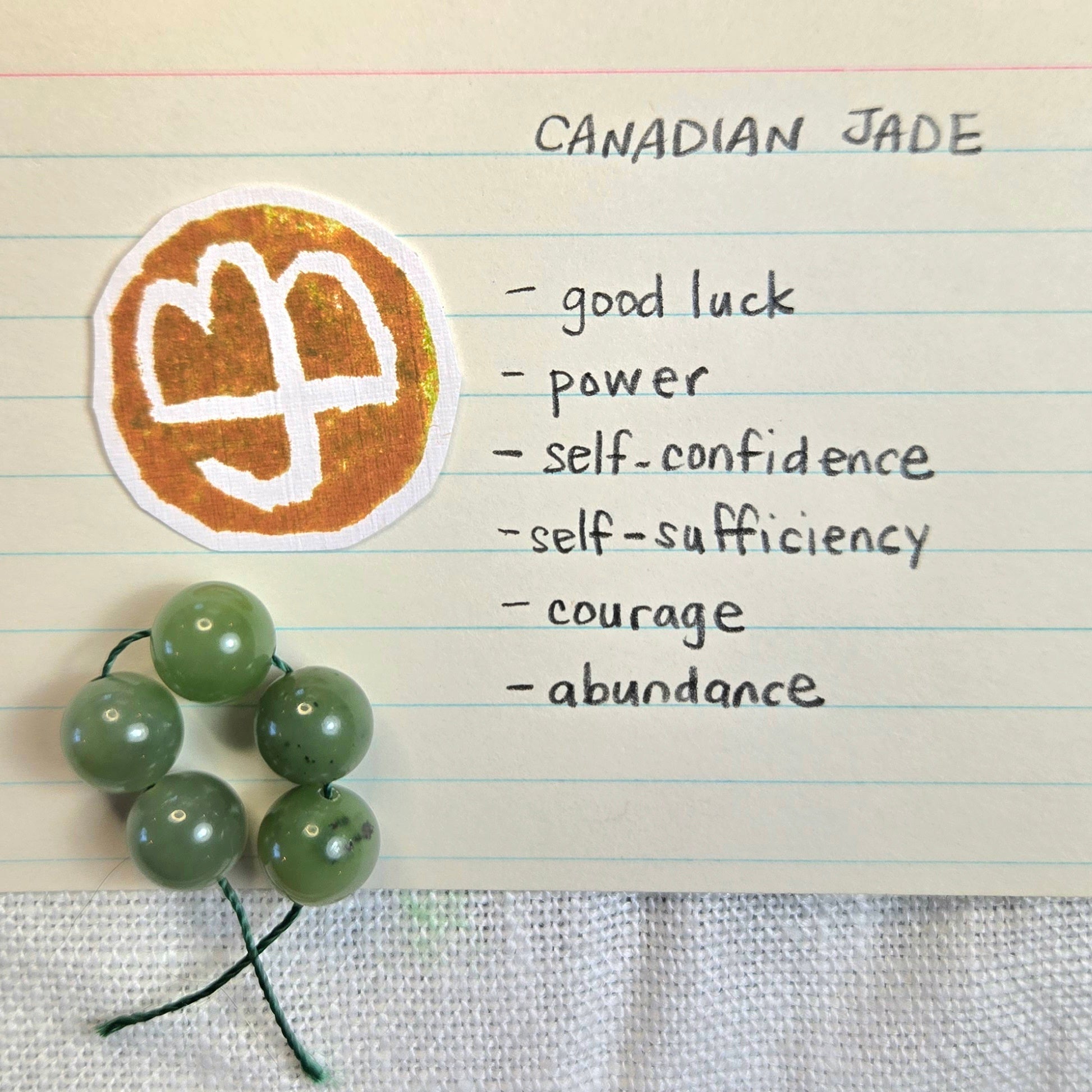 A beaded strand of green Canadian jade beads on a string, displayed next to a gold and white zodiac symbol and a handwritten list of meanings for Canadian jade on lined paper.